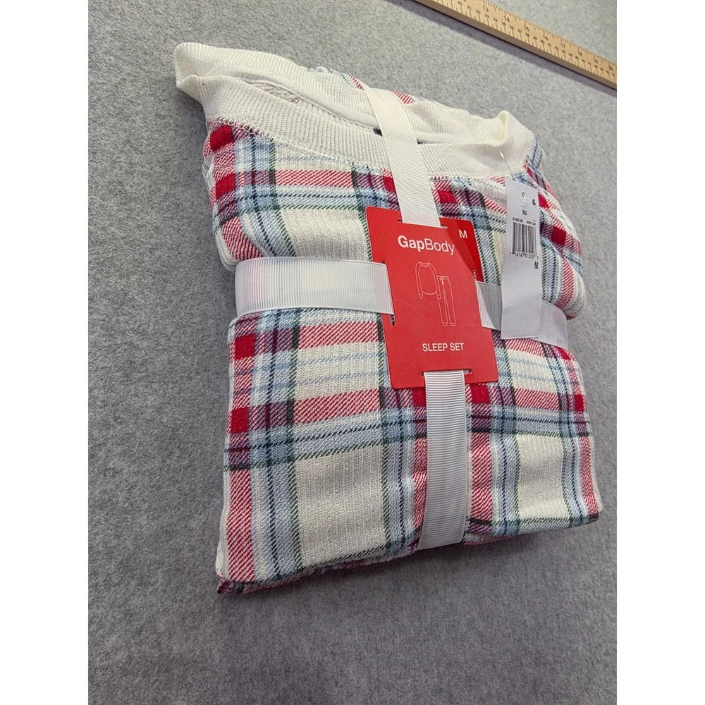 GapBody Womens Ivory Plaid Waffle Knit Thermal Pajama Sleep Set‎ Medium NEW